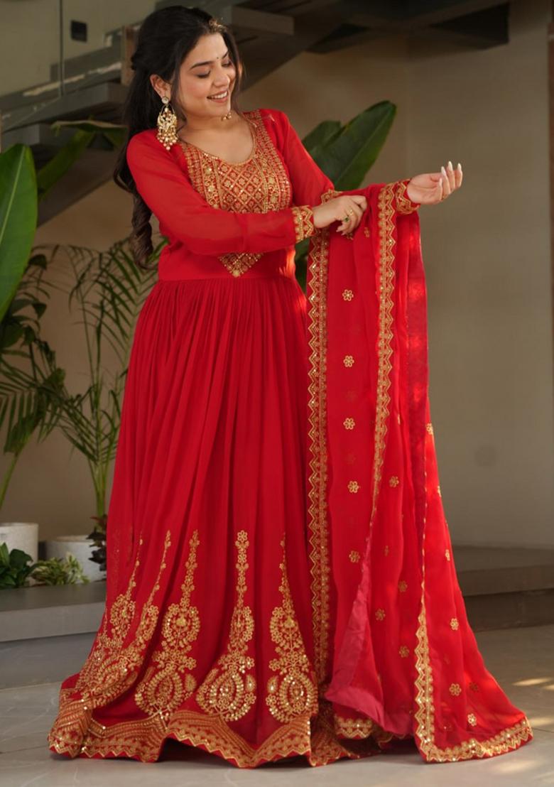 Red Poly Blend Sequin Embroidered Anarkali Set With Dupatta