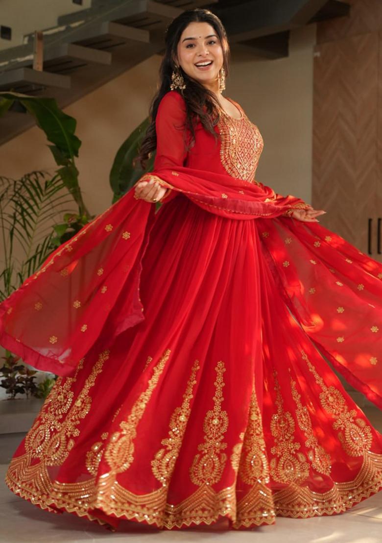 Red Poly Blend Sequin Embroidered Anarkali Set With Dupatta