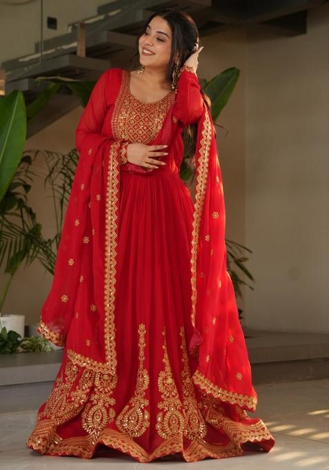 Red Poly Blend Sequin Embroidered Anarkali Set With Dupatta
