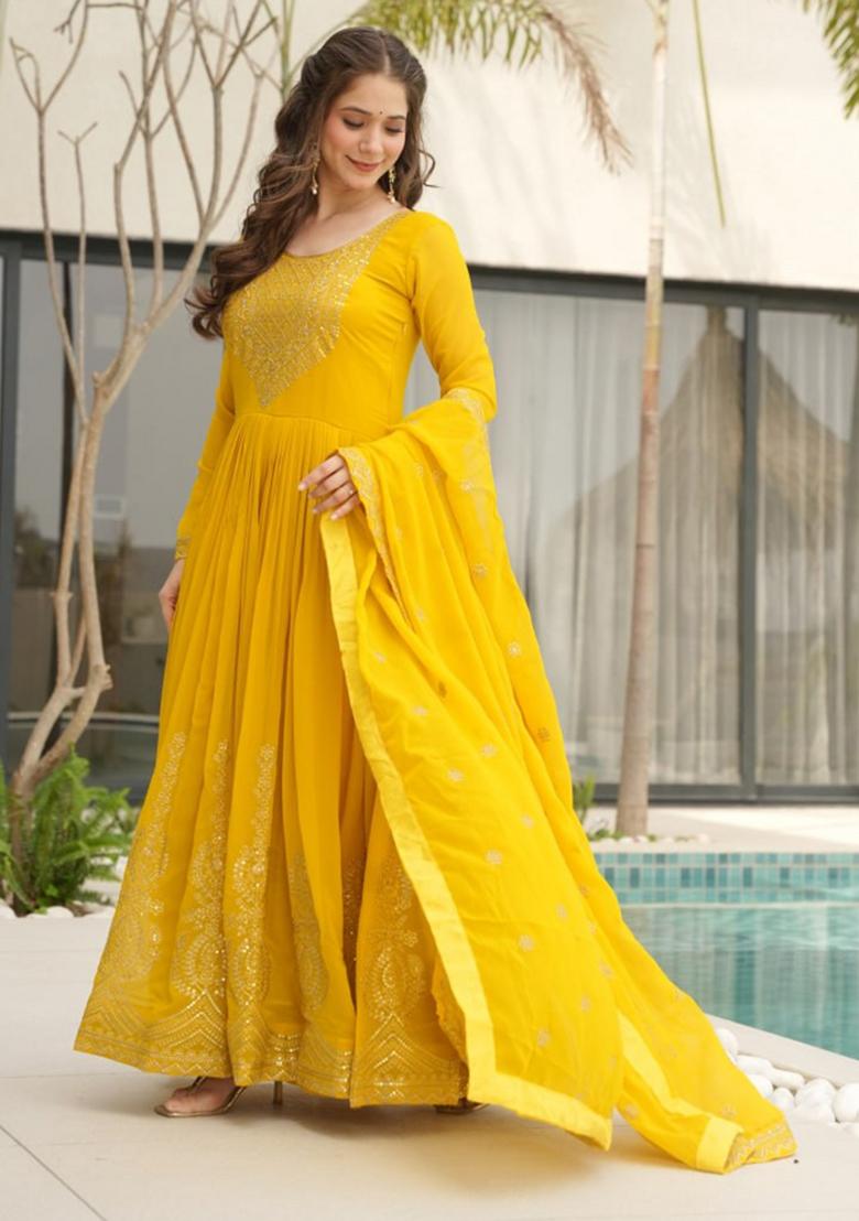 Yellow Poly Blend Sequin Embroidered Salwar Kameez With Dupptta