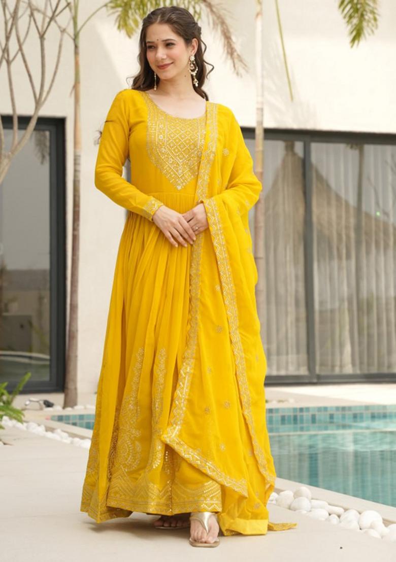 Yellow Poly Blend Sequin Embroidered Salwar Kameez With Dupptta