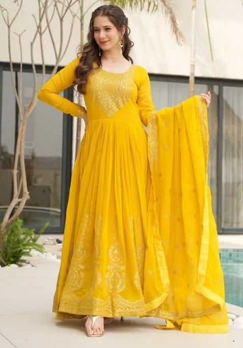 Yellow Poly Blend Sequin Embroidered Salwar Kameez With Dupptta