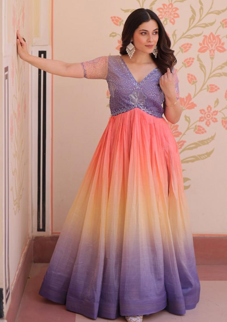 Purple Poly Blend Embroidered Anarkali