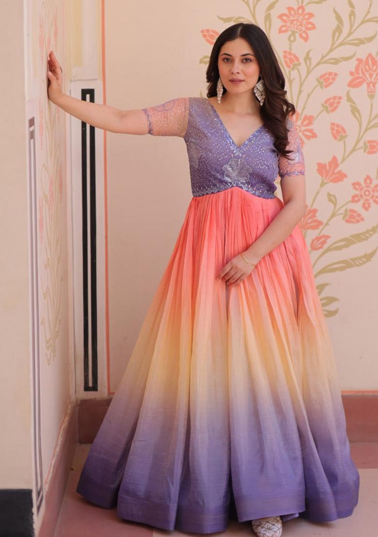 Purple Poly Blend Embroidered Anarkali