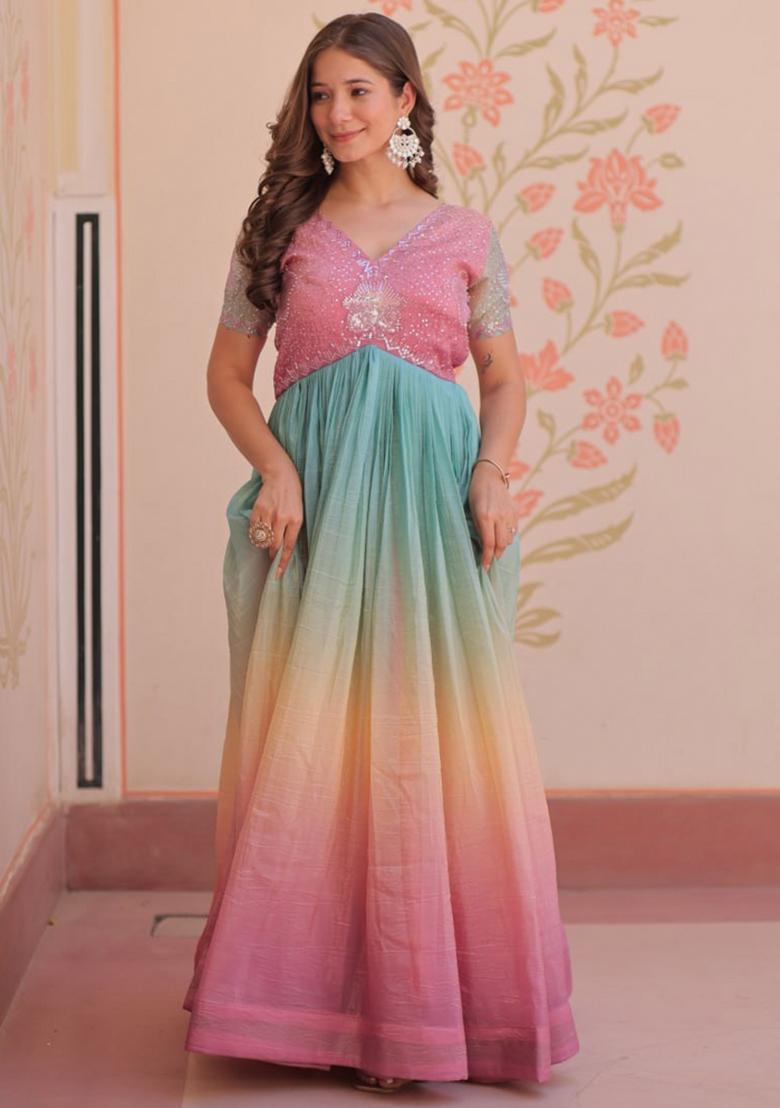 Pink Poly Blend Embroidered Anarkali