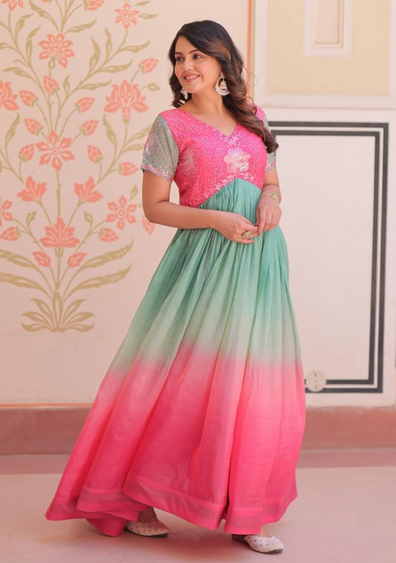 Pink Poly Blend Embroidered Anarkali