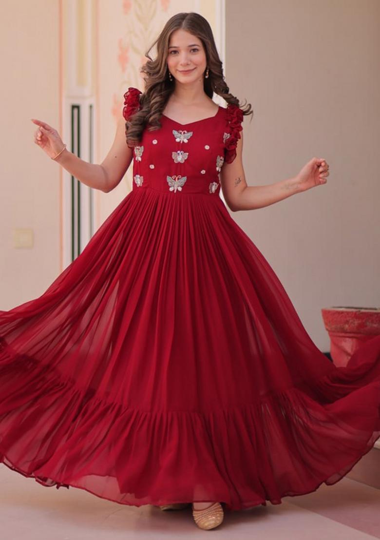 Maroon Poly Blend Sequin Embroidered Anarkali