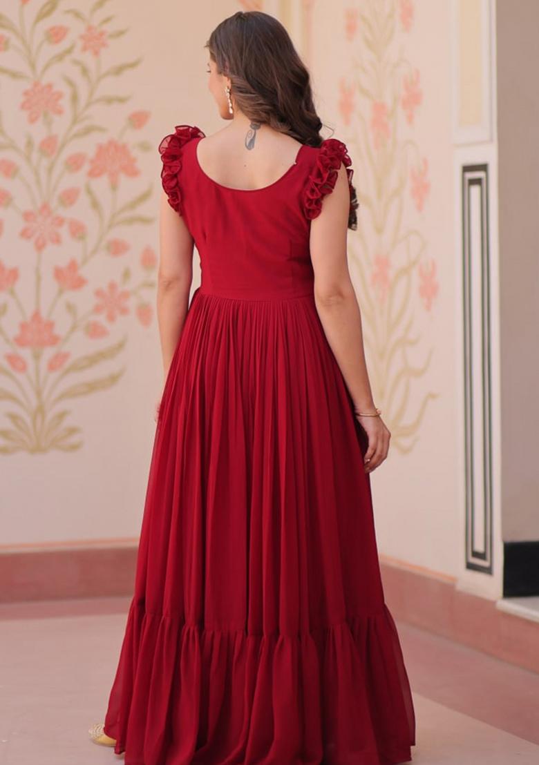 Maroon Poly Blend Sequin Embroidered Anarkali