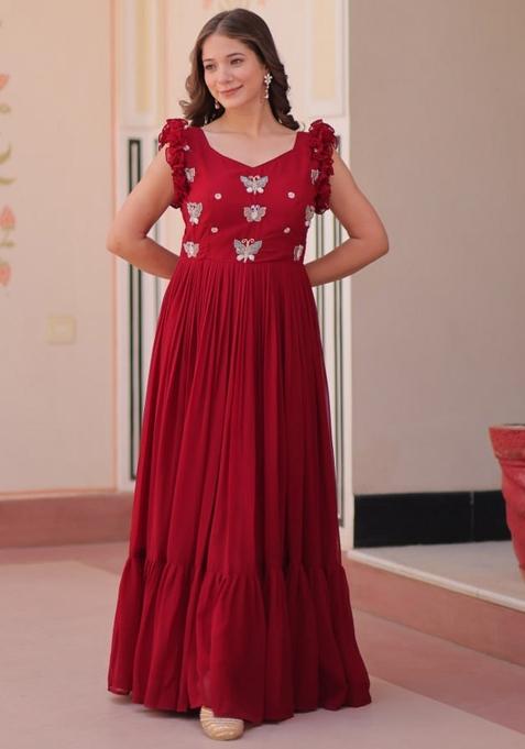 Maroon Poly Blend Sequin Embroidered Anarkali