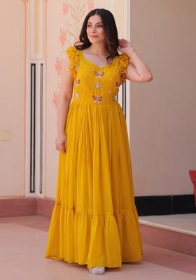 Yellow Poly Blend Sequin Embroidered Anarkali