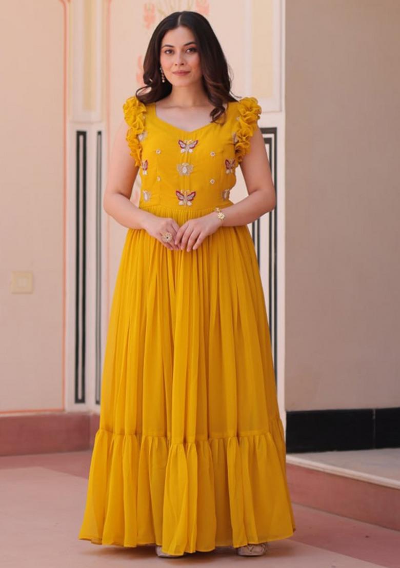 Yellow Poly Blend Sequin Embroidered Anarkali