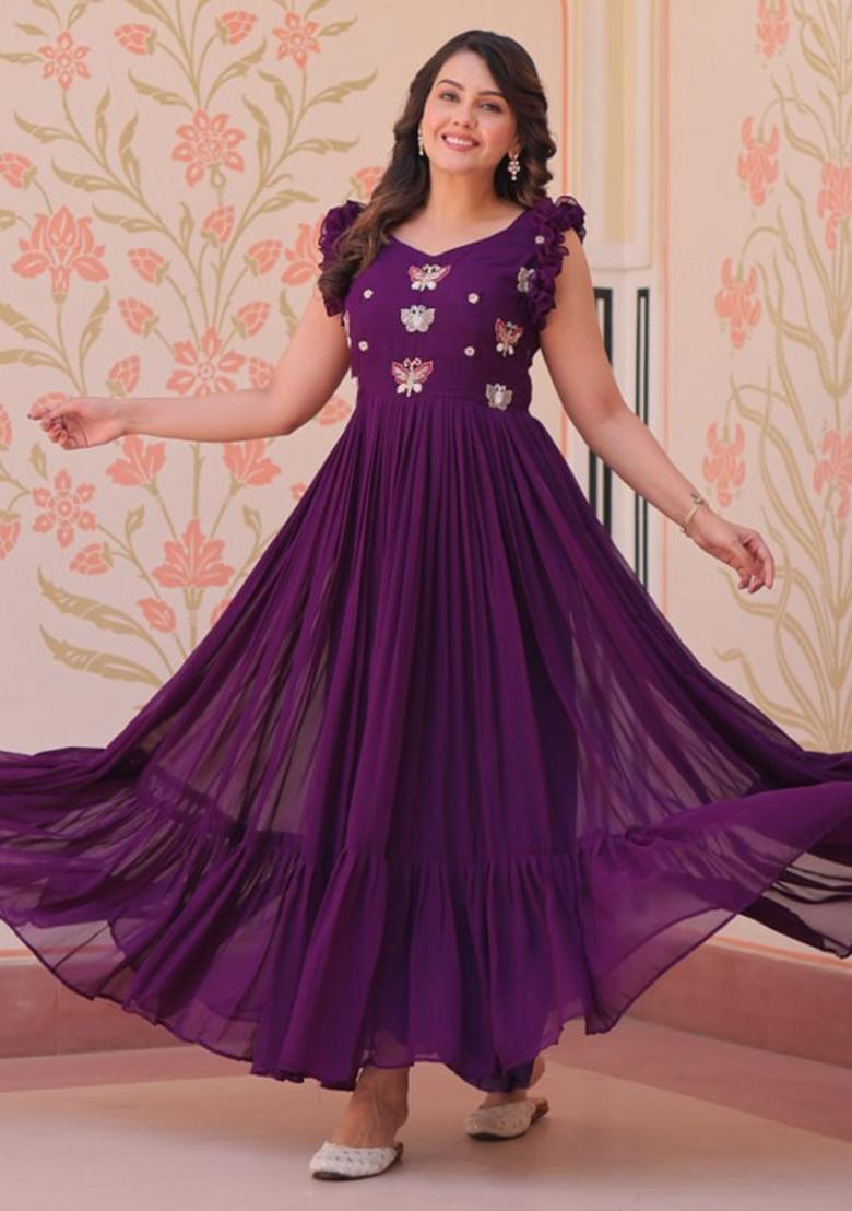 Purple Poly Blend Sequin Embroidered Anarkali