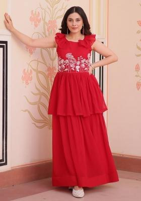 Red Poly Blend Embroidered Anarkali
