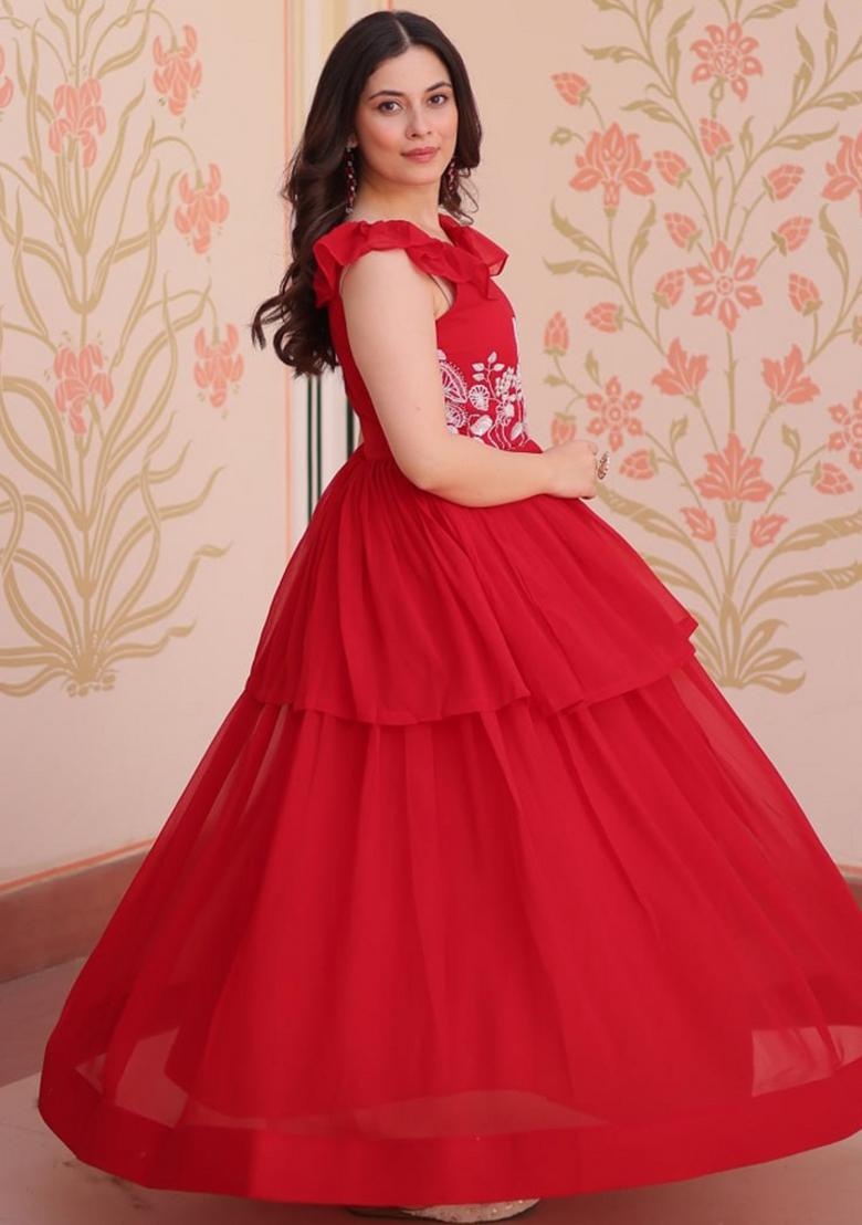Red Poly Blend Embroidered Anarkali
