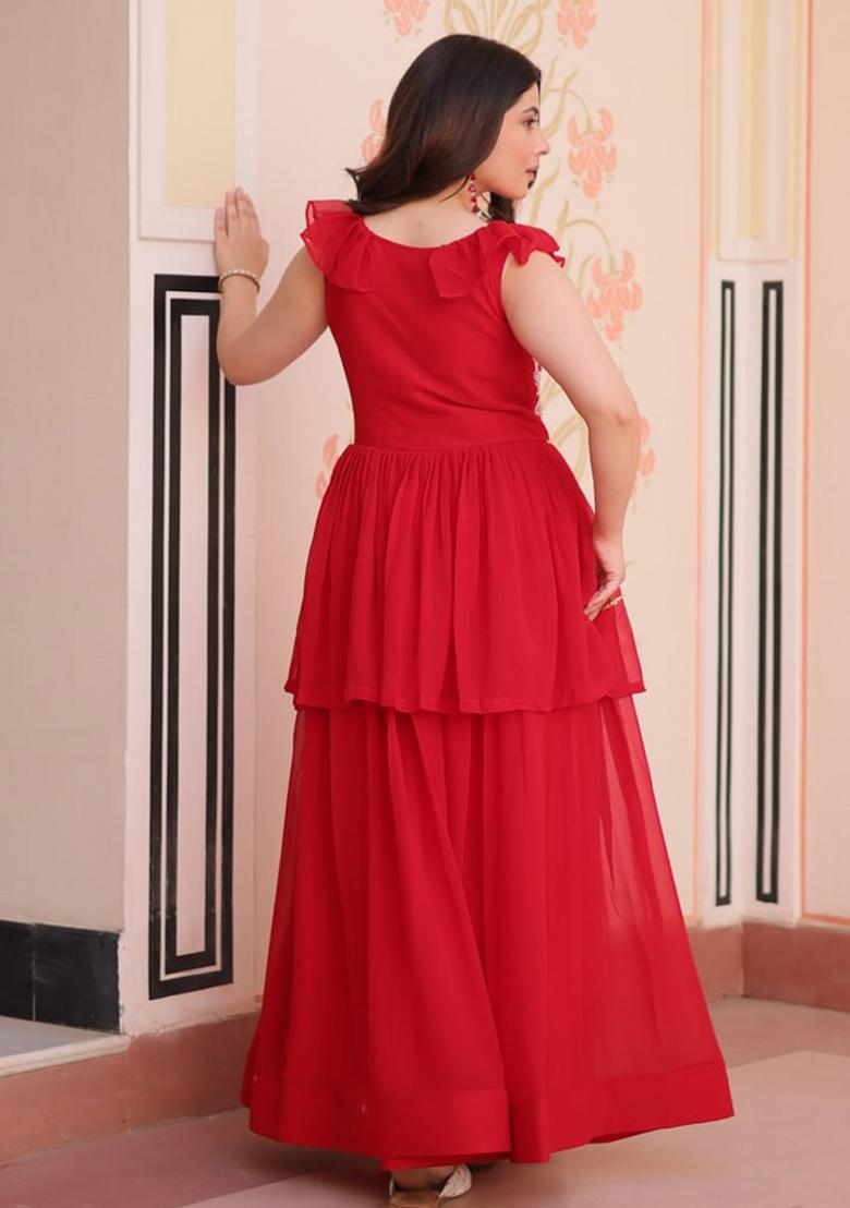Red Poly Blend Embroidered Anarkali
