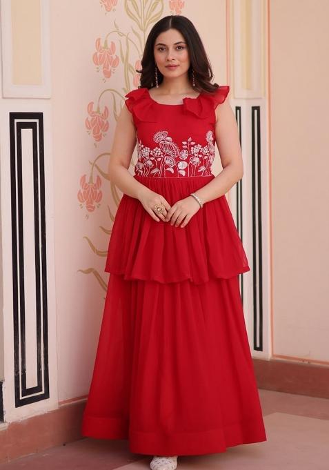 Red Poly Blend Embroidered Anarkali
