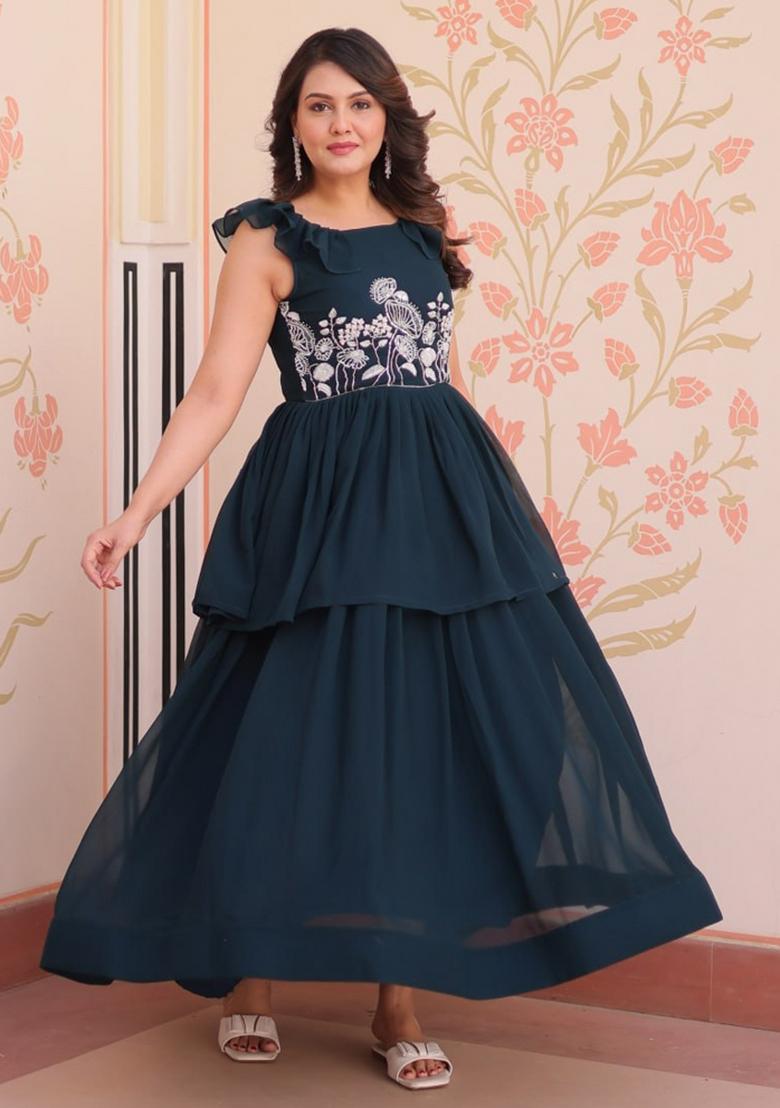 Green Poly Blend Embroidered Anarkali