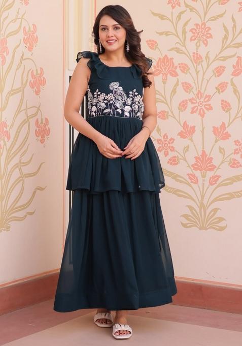 Green Poly Blend Embroidered Anarkali