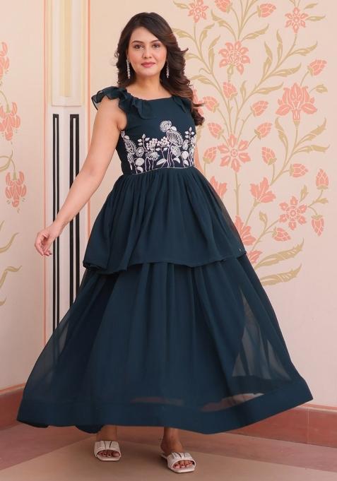 Green Poly Blend Embroidered Anarkali