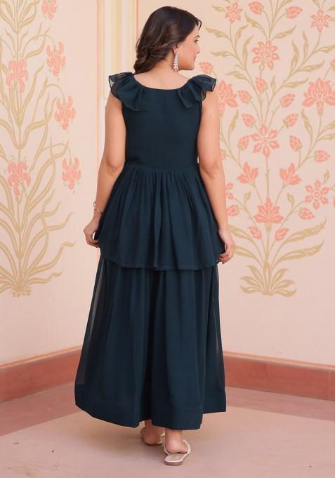 Green Poly Blend Embroidered Anarkali