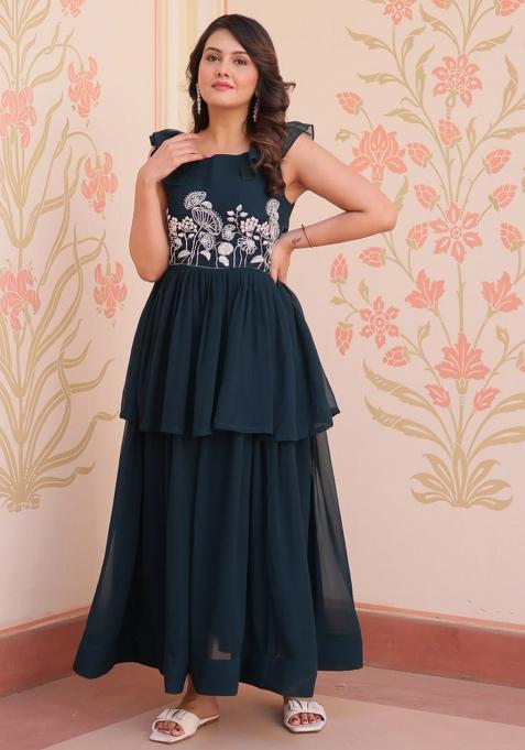 Green Poly Blend Embroidered Anarkali