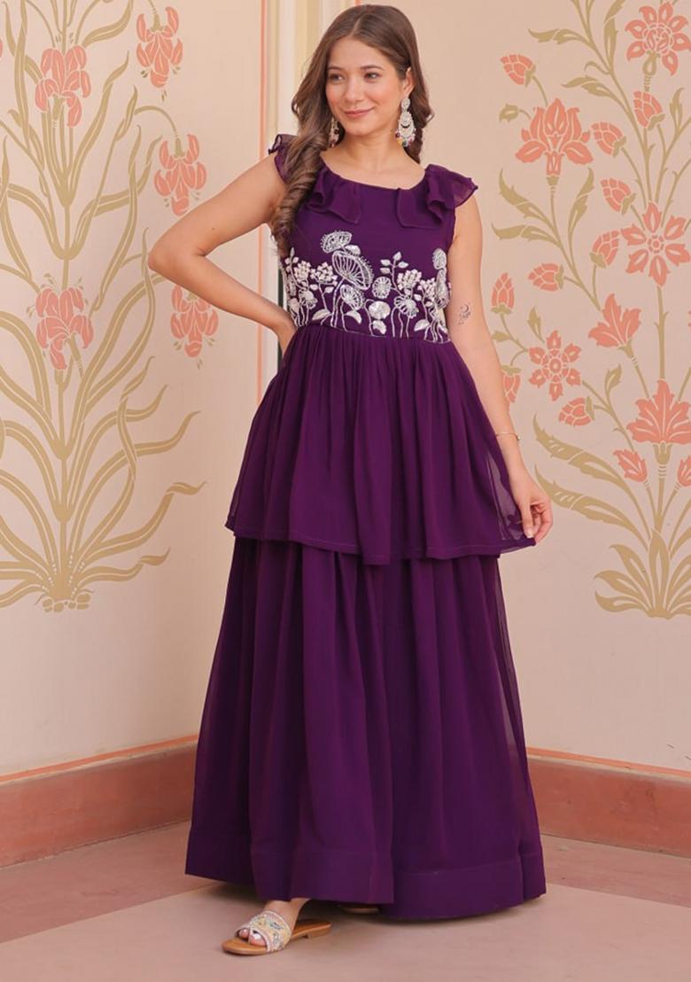 Purple Poly Blend Embroidered Anarkali