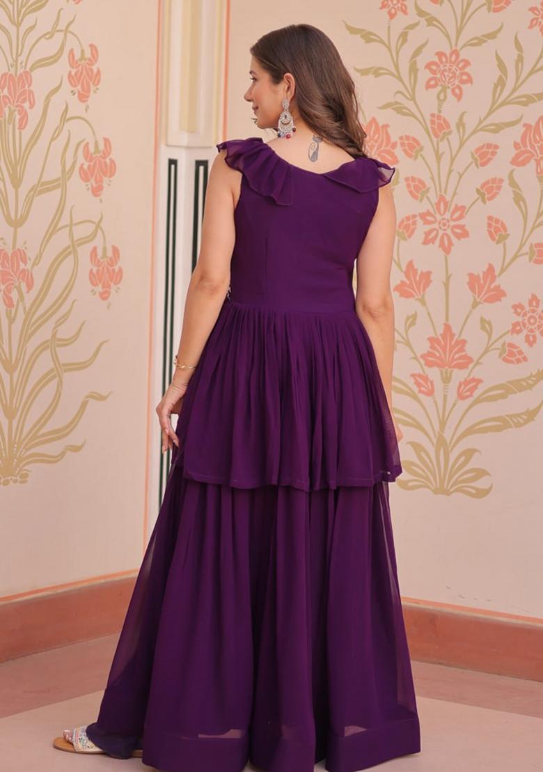 Purple Poly Blend Embroidered Anarkali