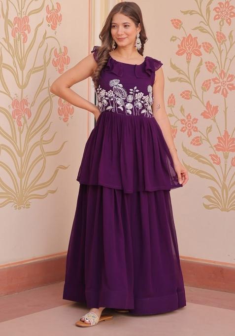 Purple Poly Blend Embroidered Anarkali