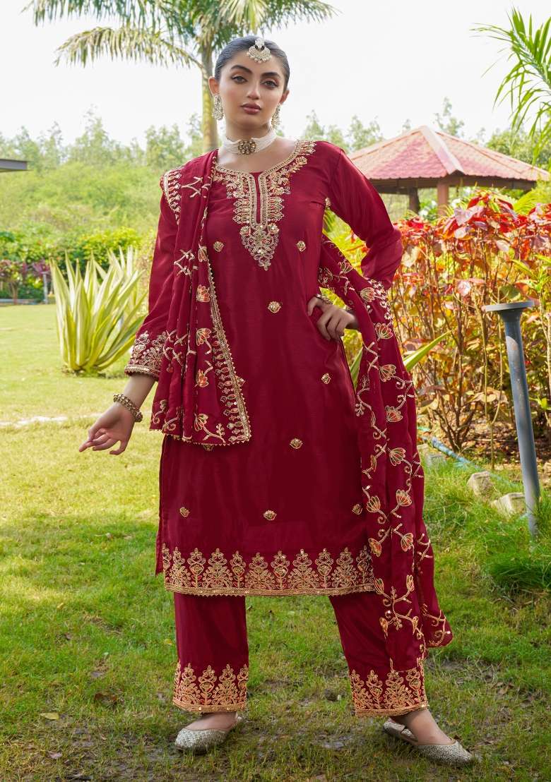Red Embroidered Chinon Straight Kurta Set - Indya
