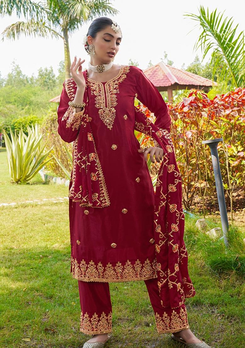 Red Chinnon Sequin Embroidered Salwar Kameez With Dupptta