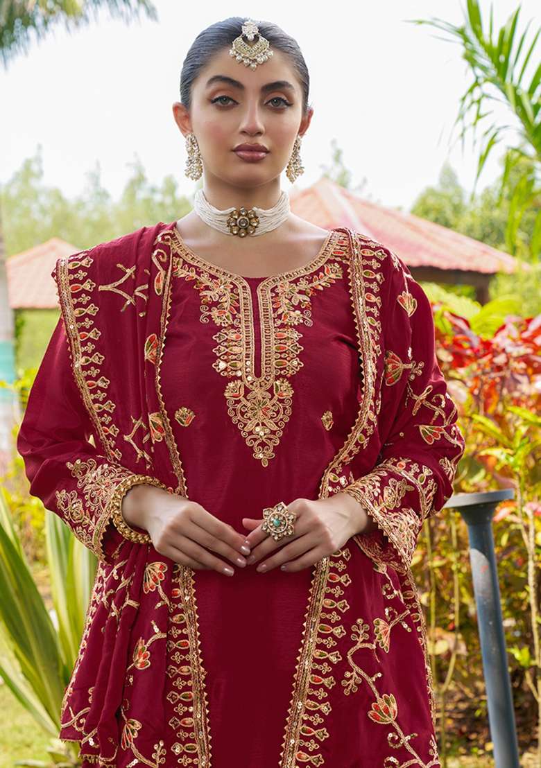 Red Embroidered Chinon Straight Kurta Set - Indya