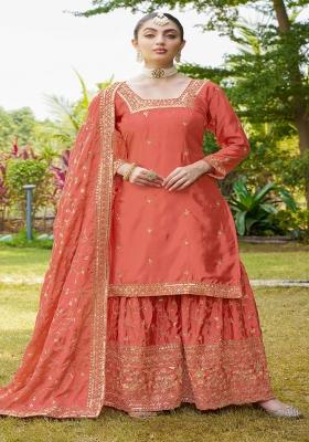 Orange Chinnon Sequin Embroidered Salwar Kameez With Dupptta