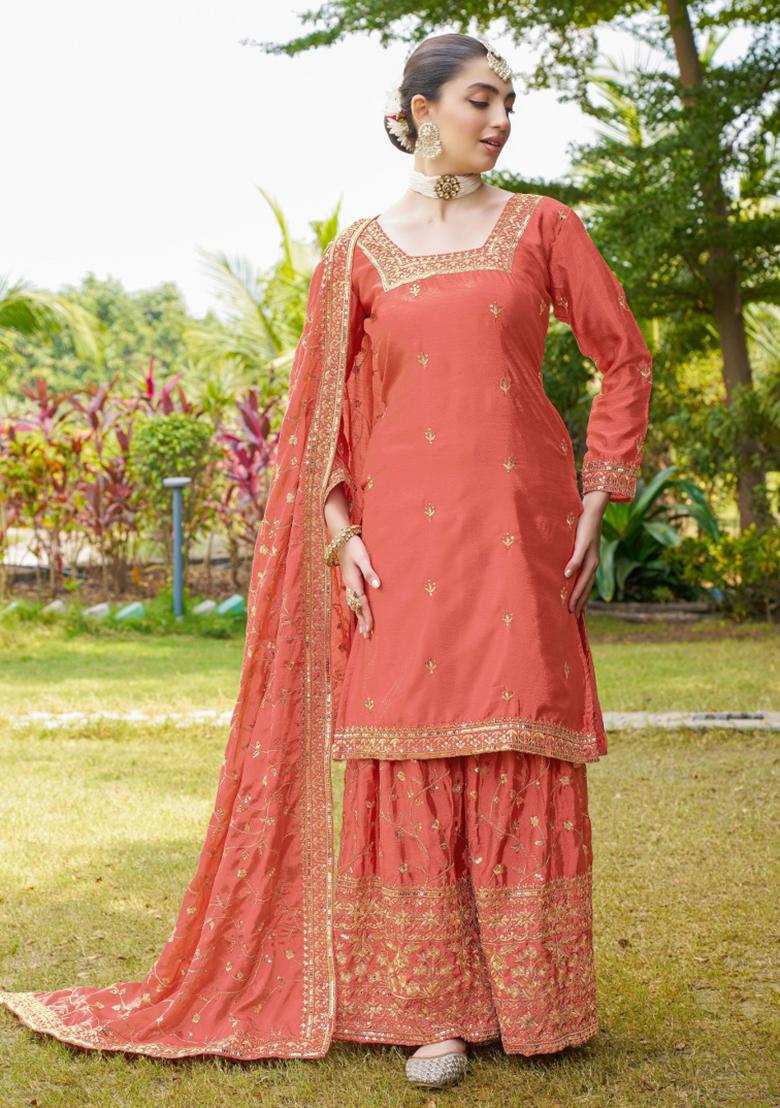 Orange Chinnon Sequin Embroidered Salwar Kameez With Dupptta