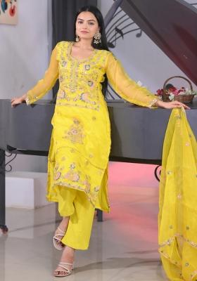 Yellow Organza Sequin Embroidered Salwar Kameez With Dupptta