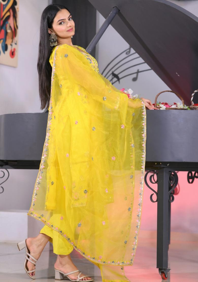 Yellow Organza Sequin Embroidered Salwar Kameez With Dupptta
