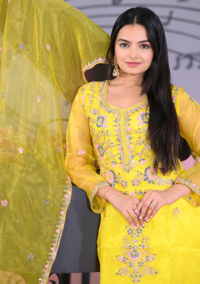 Yellow Organza Sequin Embroidered Salwar Kameez With Dupptta