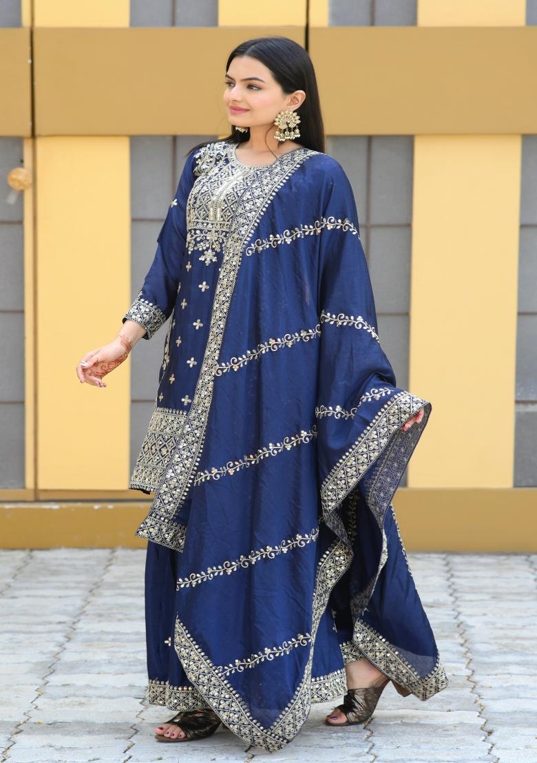 Blue Chinnon Sequin Embroidered Salwar Kameez With Dupptta