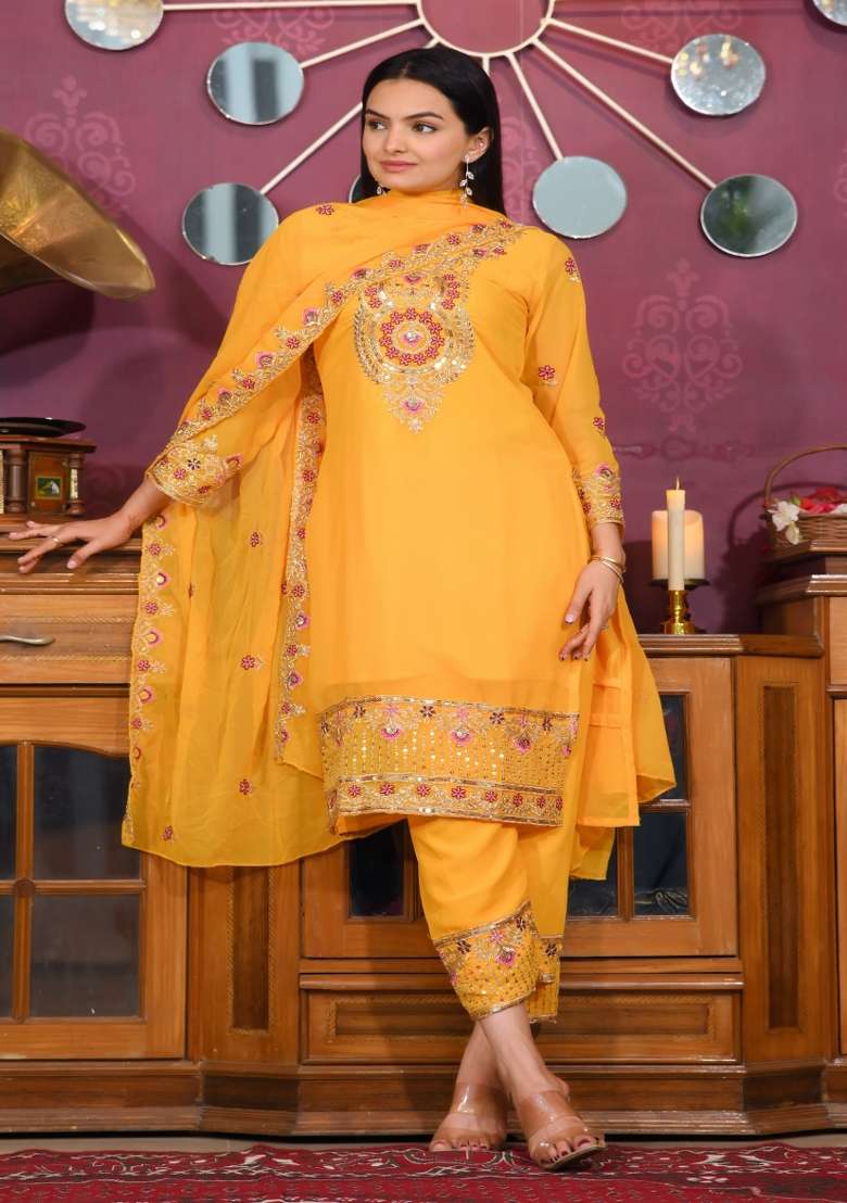 Yellow Embroidered Georgette Straight Kurta Set - Indya