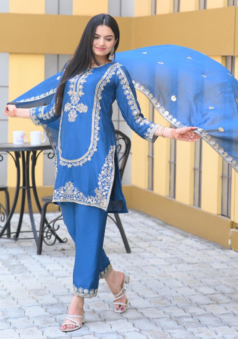 Royal Blue Chinnon Sequin Embroidered Salwar Kameez With Dupptta