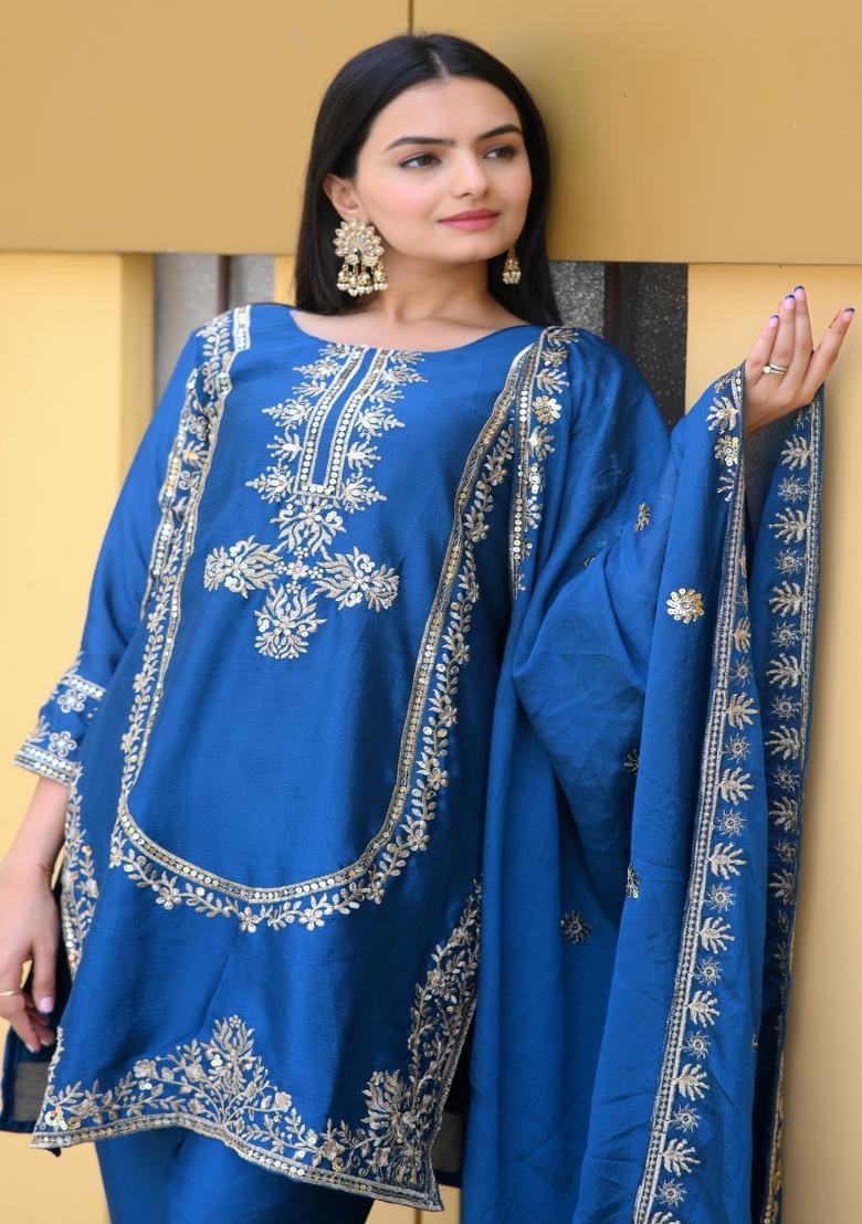 Royal Blue Chinnon Sequin Embroidered Salwar Kameez With Dupptta