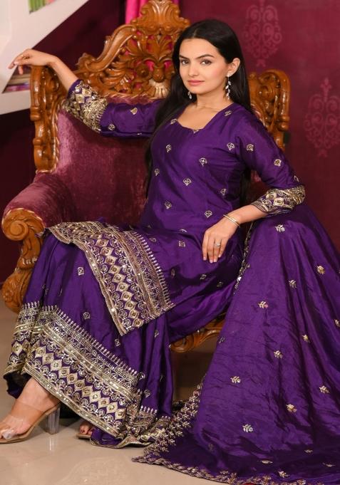 Wine Chinnon Sequin Embroidered Salwar Kameez With Dupptta