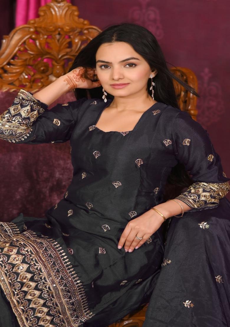 Black Chinnon Sequin Embroidered Salwar Kameez With Dupptta
