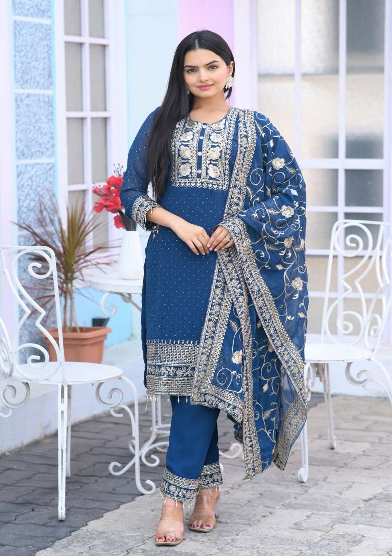 Blue Embroidered Georgette Straight Kurta Set - Indya