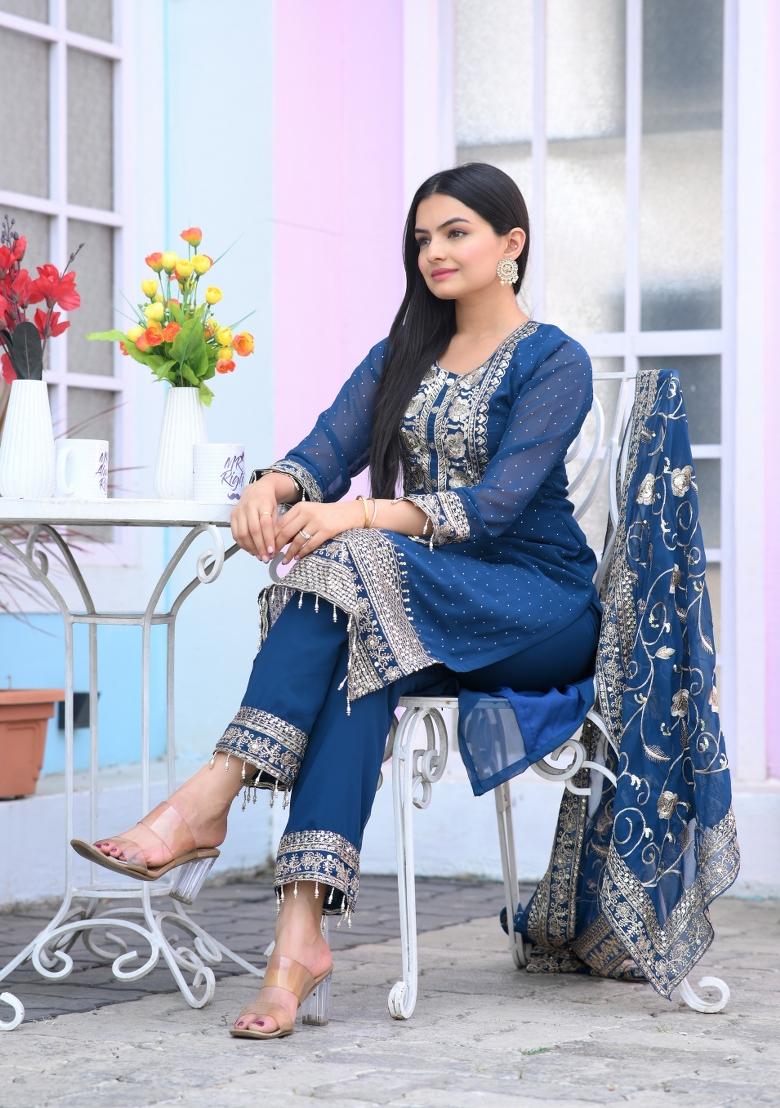 Blue Georgette Sequin Embroidered Salwar Kameez With Dupptta