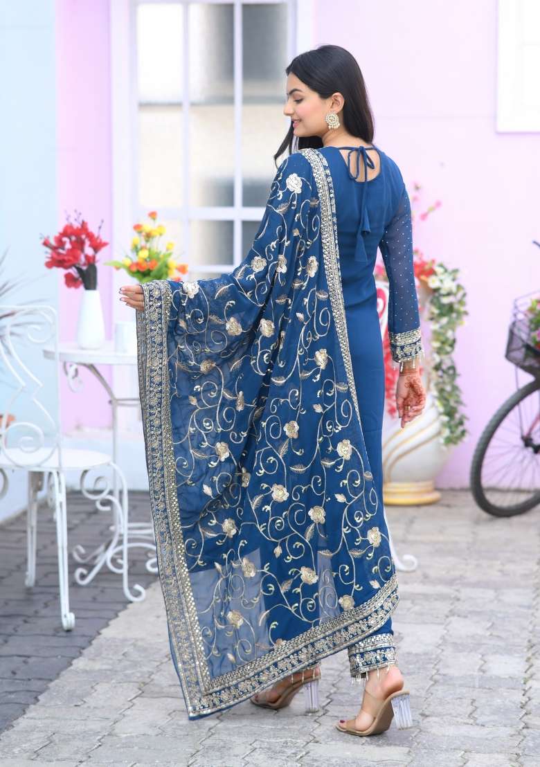 Blue Embroidered Georgette Straight Kurta Set - Indya