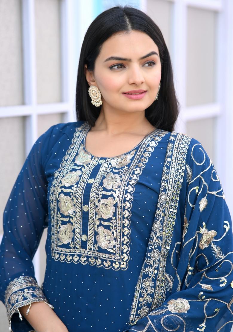 Blue Georgette Sequin Embroidered Salwar Kameez With Dupptta