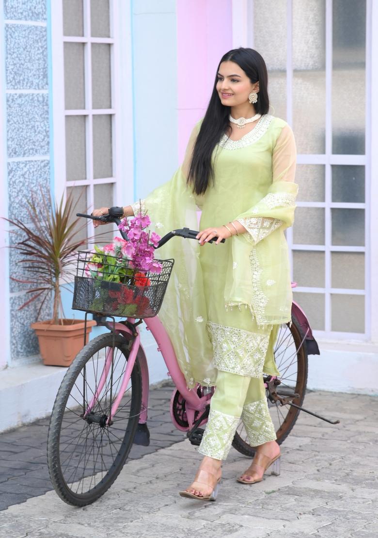 Pista Organza Sequin Embroidered Salwar Kameez With Dupptta