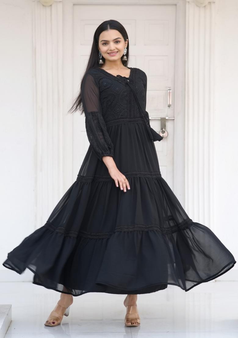 Black Georgette Embroidered Anarkali Set With Dupatta
