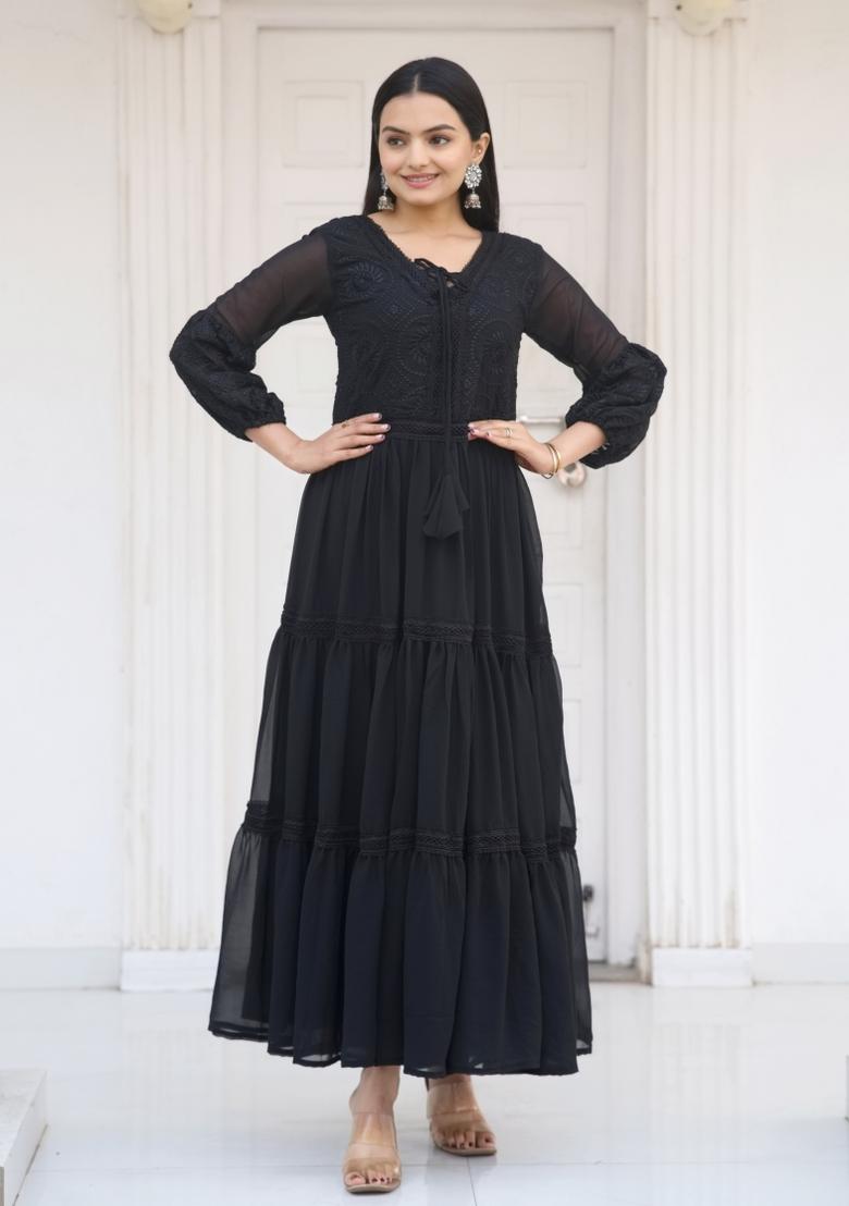 Black Georgette Embroidered Anarkali Set With Dupatta
