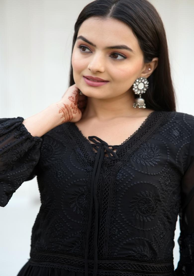 Black Georgette Embroidered Anarkali Set With Dupatta